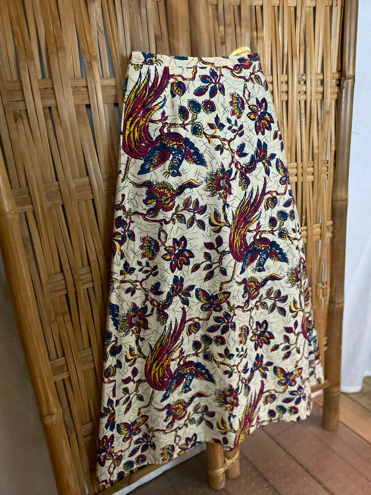 VTG 60-70s Hand Made Skirt A Line Cream Red Floral Peacock Birds Hippy Boho S - Fresh Stock Dated February 2026