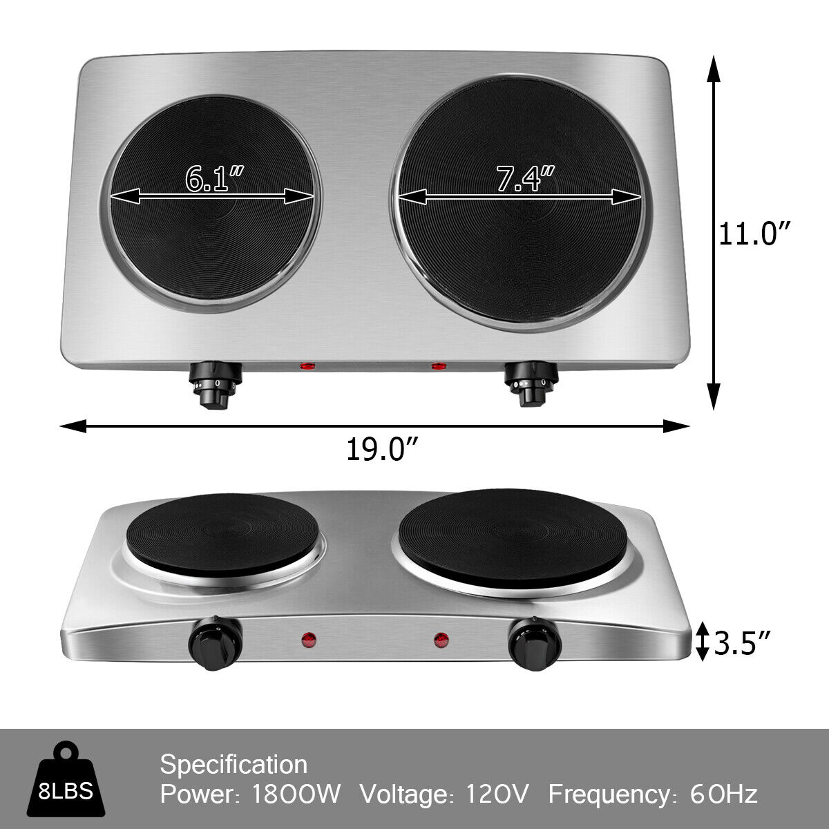 1800W Double Hot Plate Electric Countertop Burner Stainless Steel 5 Power Levels - Fresh Stock Dated February 2026