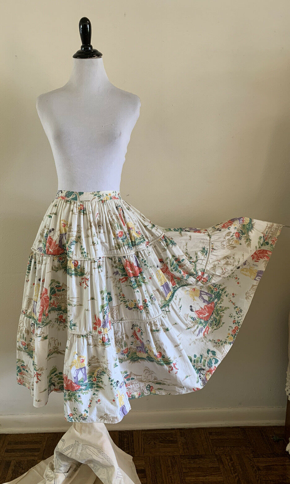 50s NOVELTY PRINT SKIRT Chinese Print Figural Floral Palm Tree Hawaiian Mod VTG - Fresh Stock Dated February 2026