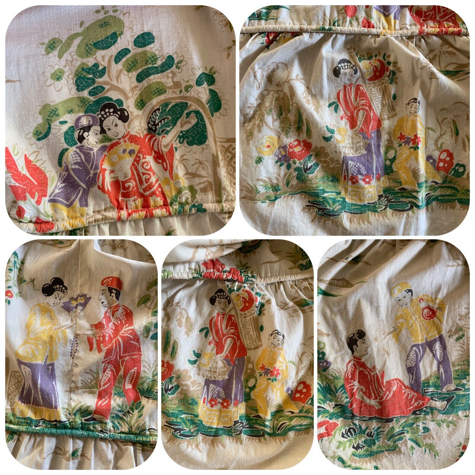 50s NOVELTY PRINT SKIRT Chinese Print Figural Floral Palm Tree Hawaiian Mod VTG - Fresh Stock Dated February 2026