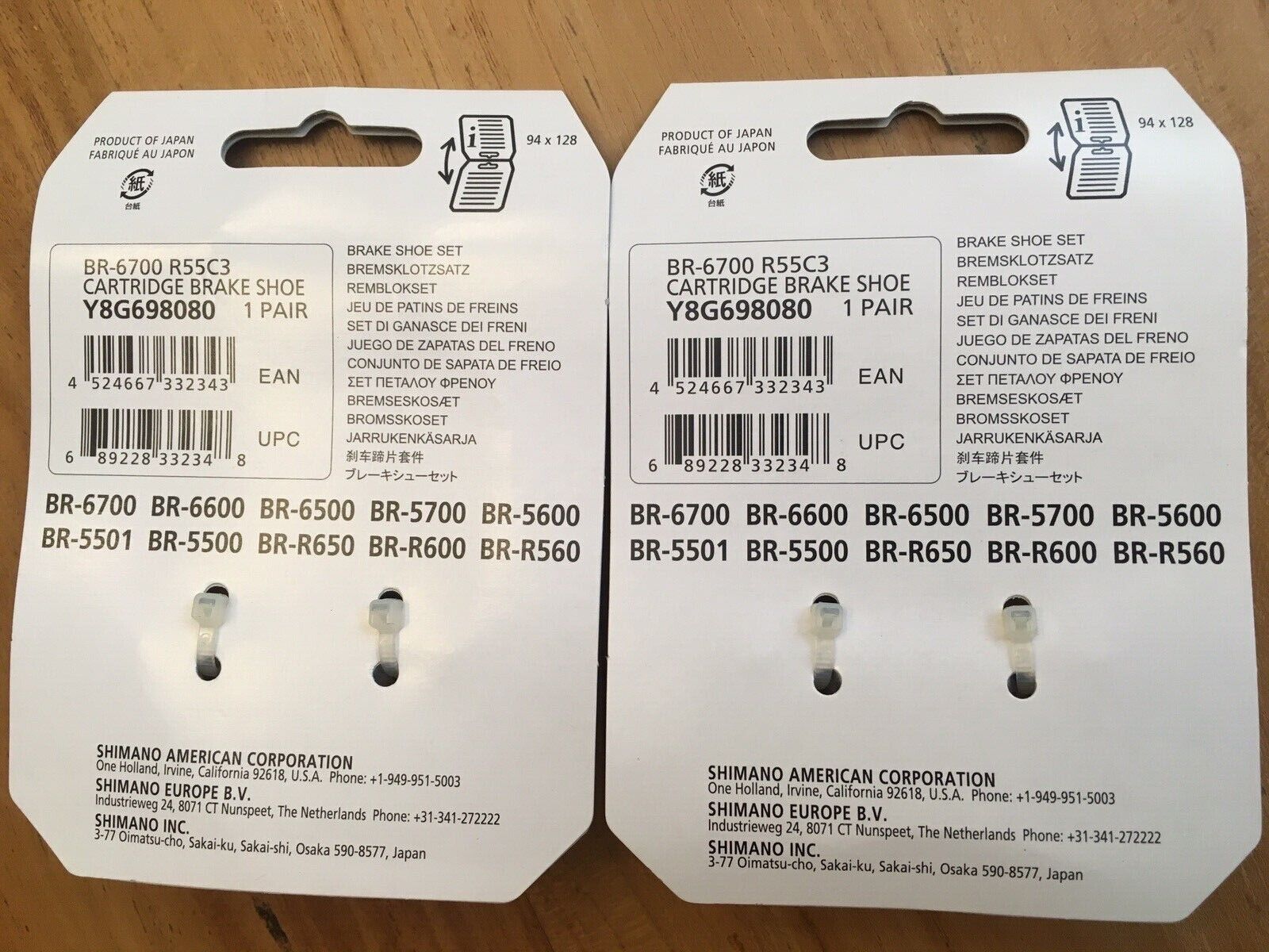 New 2 pair Shimano Ultegra R55C3 (BR-6700) brake pad holders and pads - Fresh Stock Dated February 2026