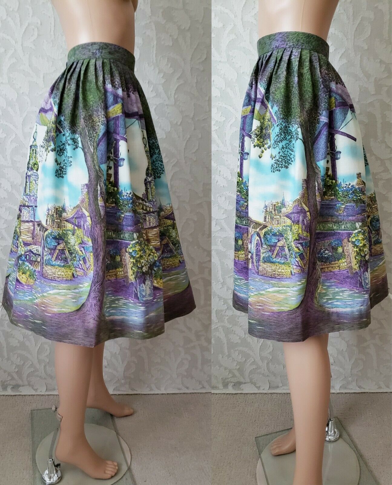 Vtg 50s Dutch Flower Market Cotton Novelty Border Print Full Skirt 27