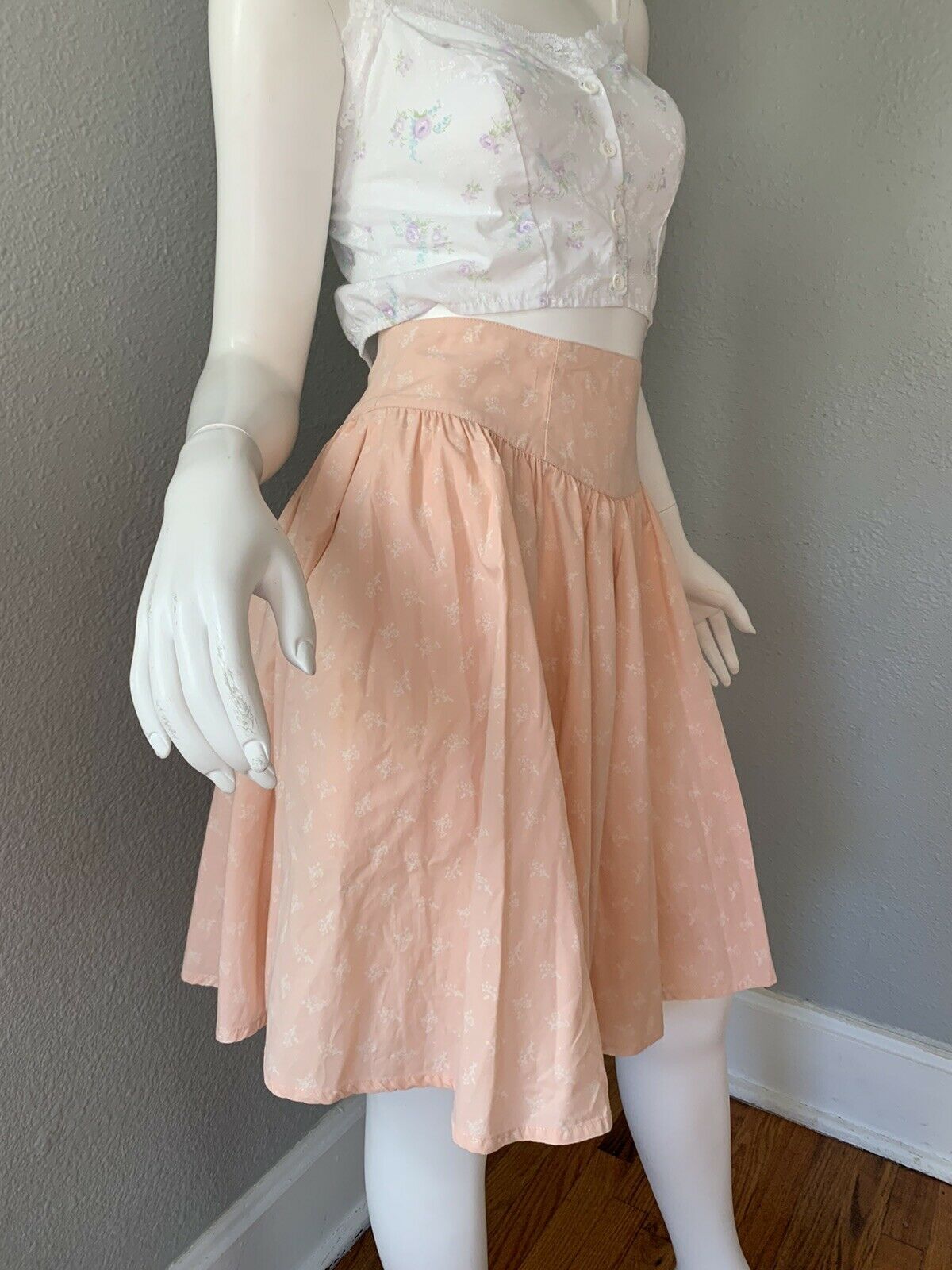 Vintage 80s Pink Floral Retro Cotton High Waist Western Full Sweep Mini Skirt S - Fresh Stock Dated March 2026