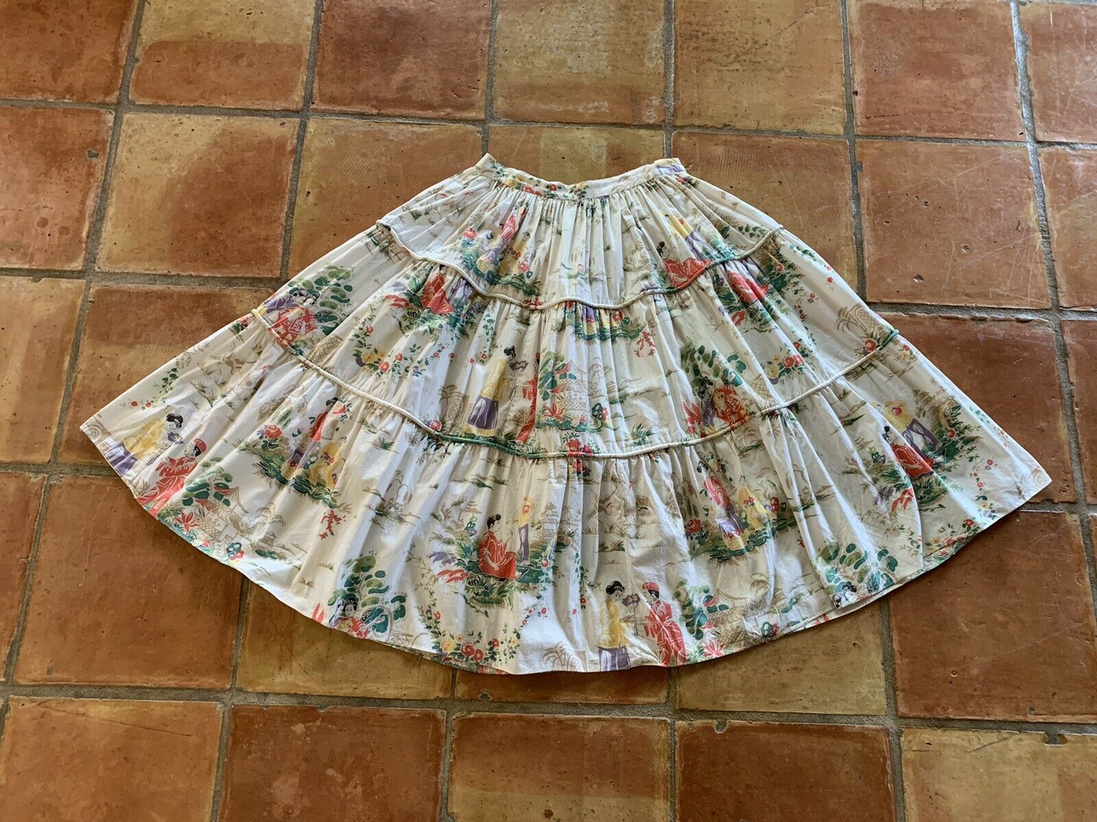 50s NOVELTY PRINT SKIRT Chinese Print Figural Floral Palm Tree Hawaiian Mod VTG - Fresh Stock Dated February 2026
