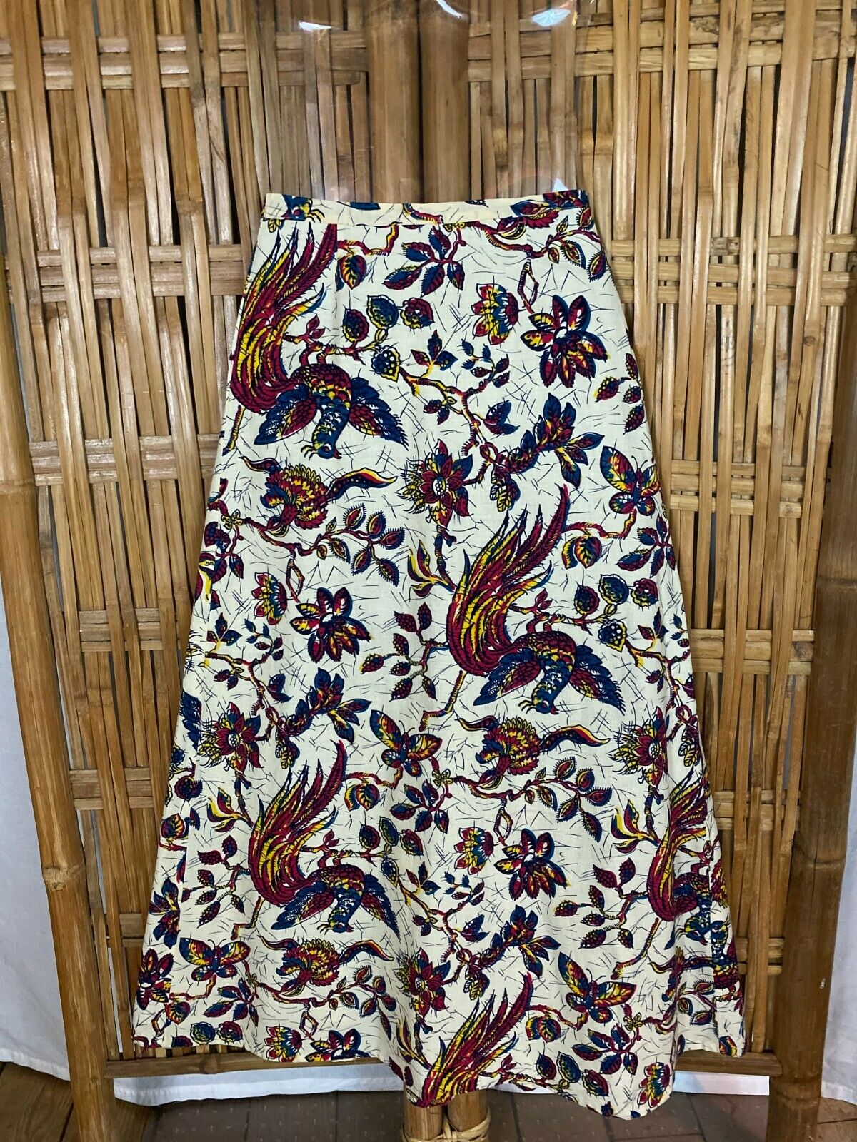 VTG 60-70s Hand Made Skirt A Line Cream Red Floral Peacock Birds Hippy Boho S - Fresh Stock Dated February 2026