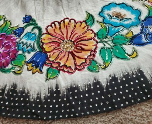 VINTAGE 1940s HAND PAINTED/SEQUINED MEXICAN FULL CIRCLE SKIRT W/ FLORAL PATTERN - Fresh Stock Dated February 2026