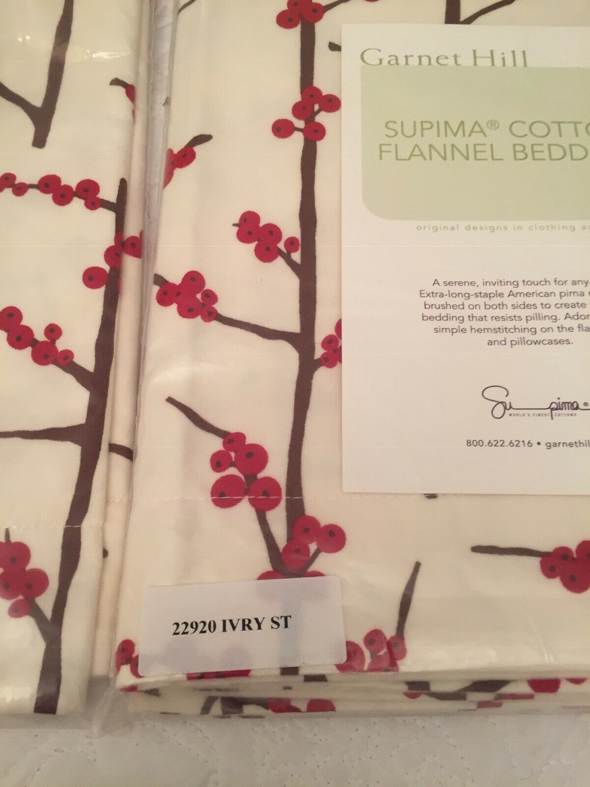 Garnet Hill Red Berry Brown Twig Supima Cotton Flannel Pillow Sham Set (2) NIP - Fresh Stock Dated December 2025