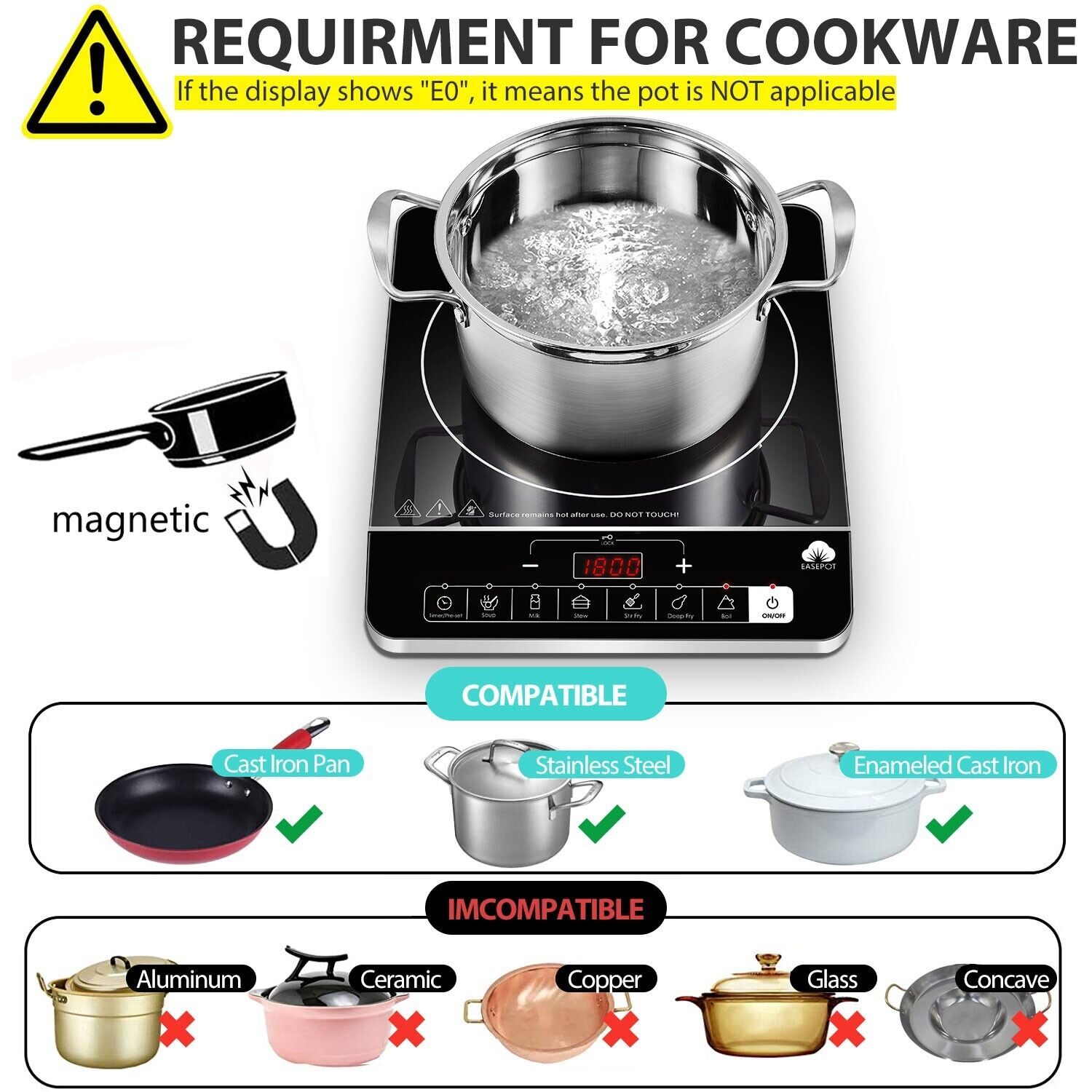 EASEPOT Portable Induction Cooktop 1800W Burner Countertop Cooker Hot Pot Stove - Fresh Stock Dated February 2026