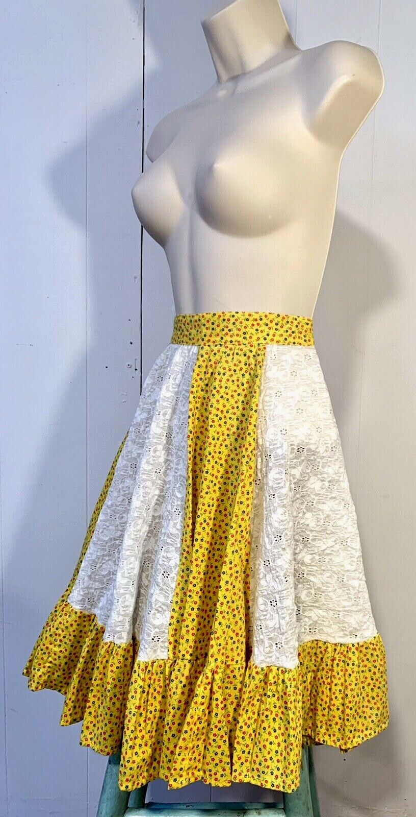 VTG 80's CUSTOM Floral eyelet Flounce SKIRT Western Twirl Prairie Cottage M 28W - Fresh Stock Dated March 2026