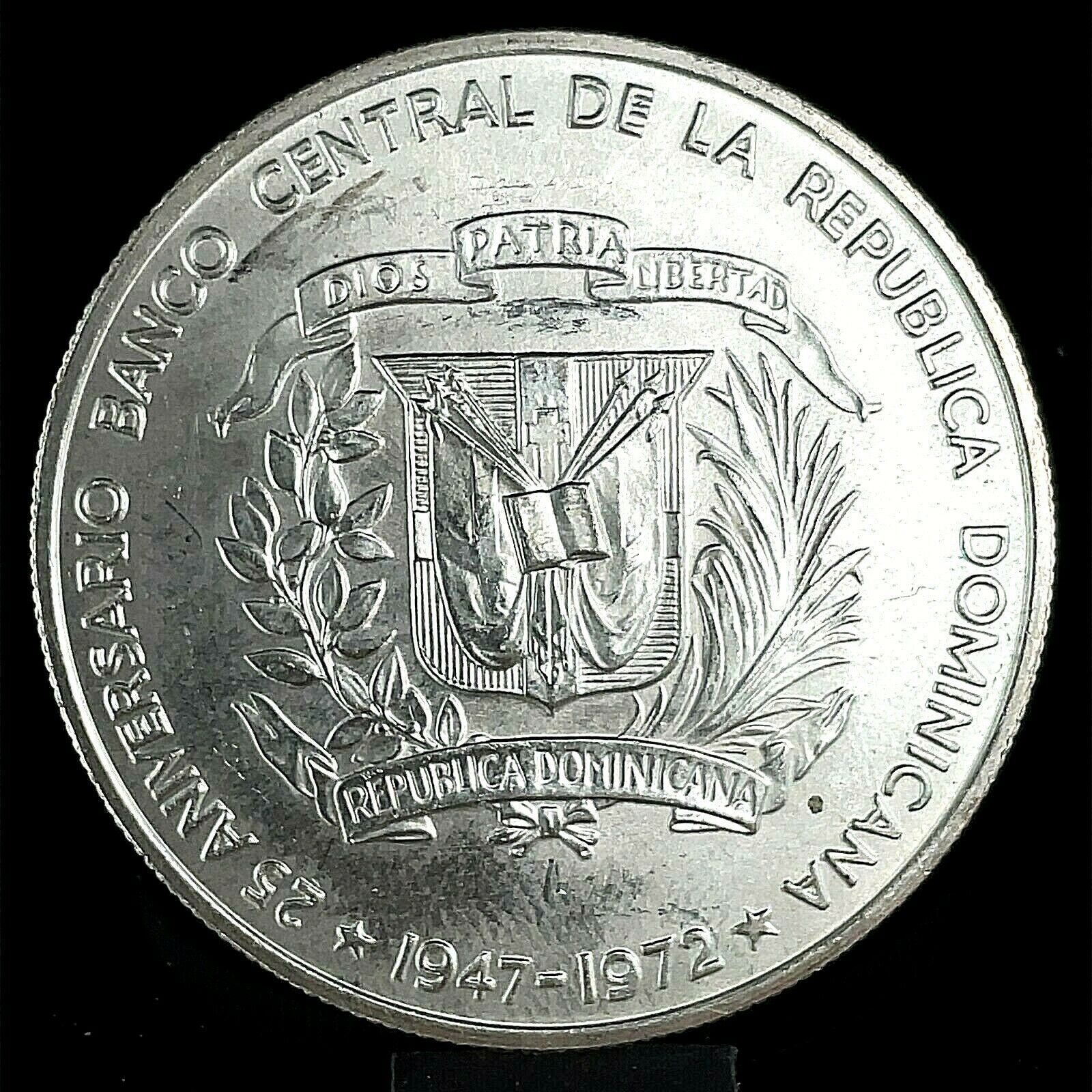 1972 DOMINICAN REPUBLIC SILVER 1 PESO CENTRAL BANK 25Th ANNIVERSARY Km#34 - Fresh Stock Dated December 2025