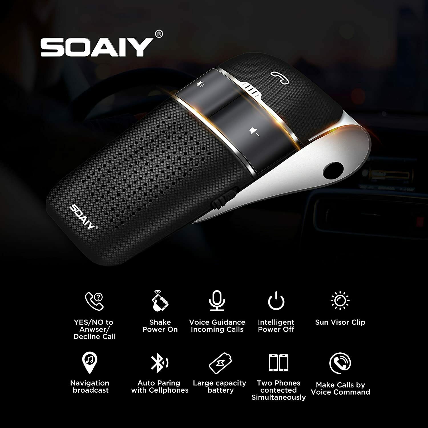 SOAIY S-32 Voice Commands Hands-free Wireless In-Car Bluetooth Speakerphone - Fresh Stock Dated December 2025