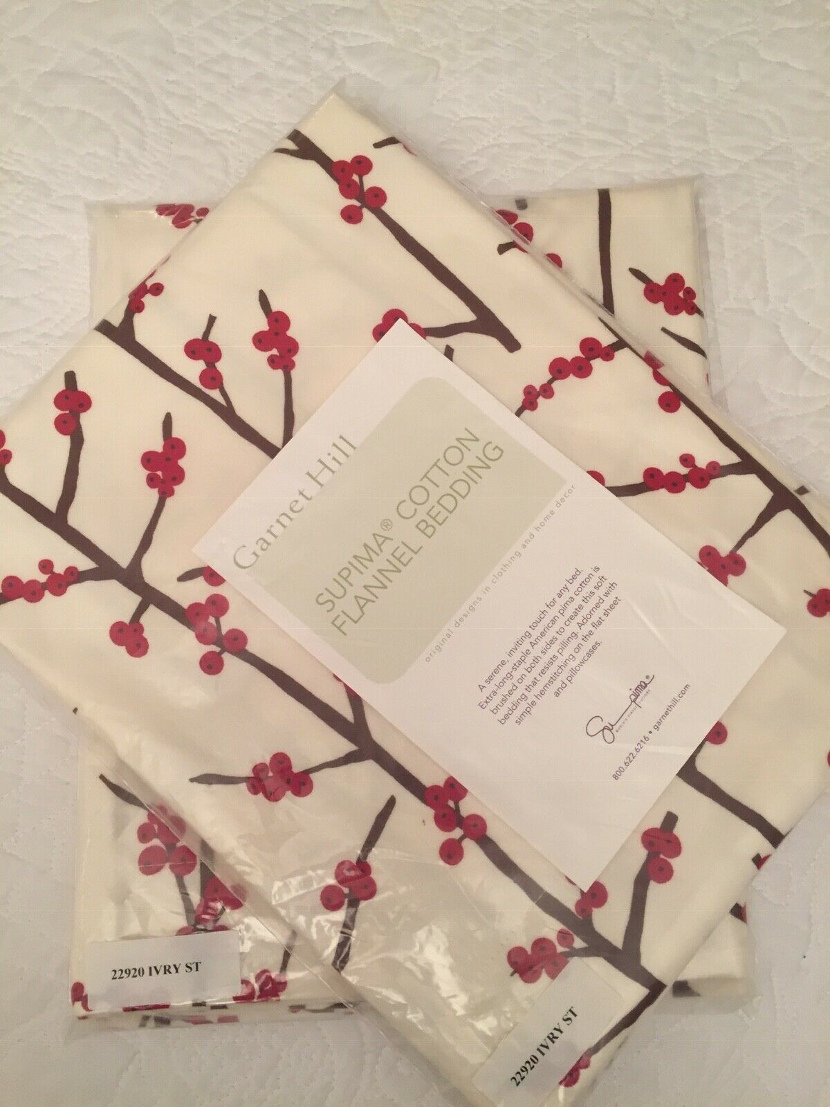 Garnet Hill Red Berry Brown Twig Supima Cotton Flannel Pillow Sham Set (2) NIP - Fresh Stock Dated December 2025