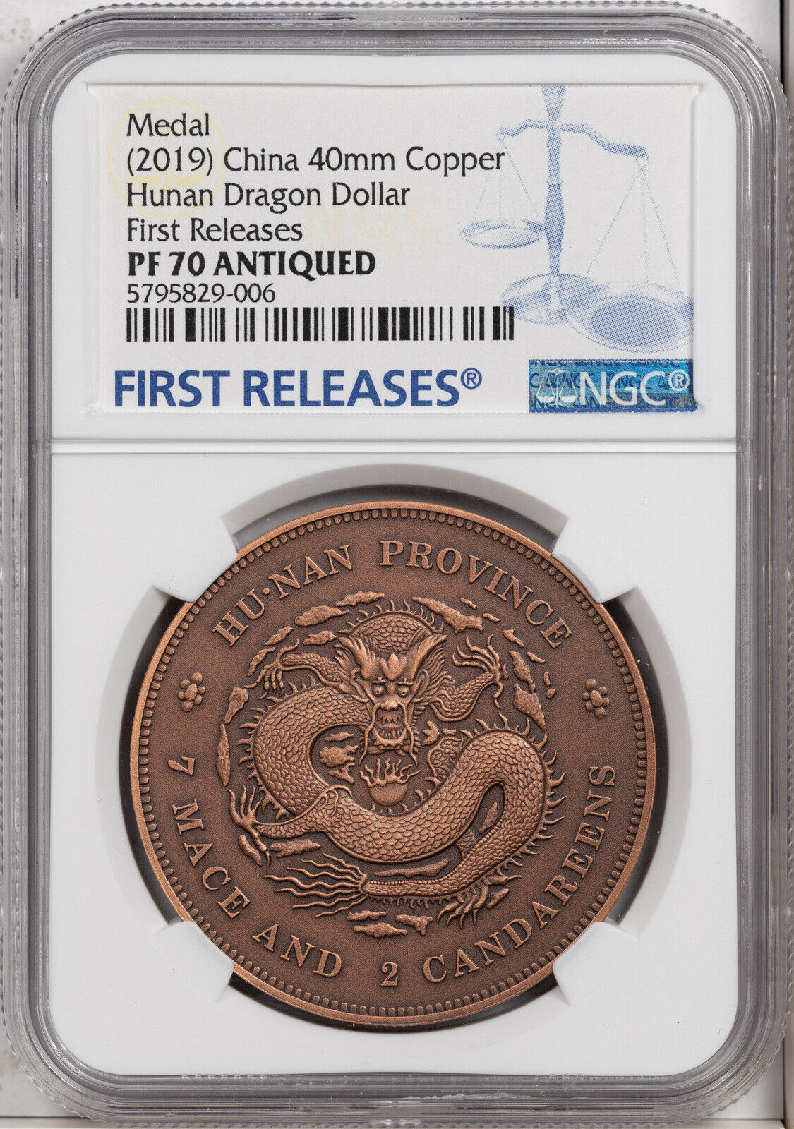 2019 CHINA 40mm COPPER MEDAL HUNAN DRAGON DOLLAR NGC PF 70 ANTIQUED FINEST KNOWN - Fresh Stock Dated February 2026