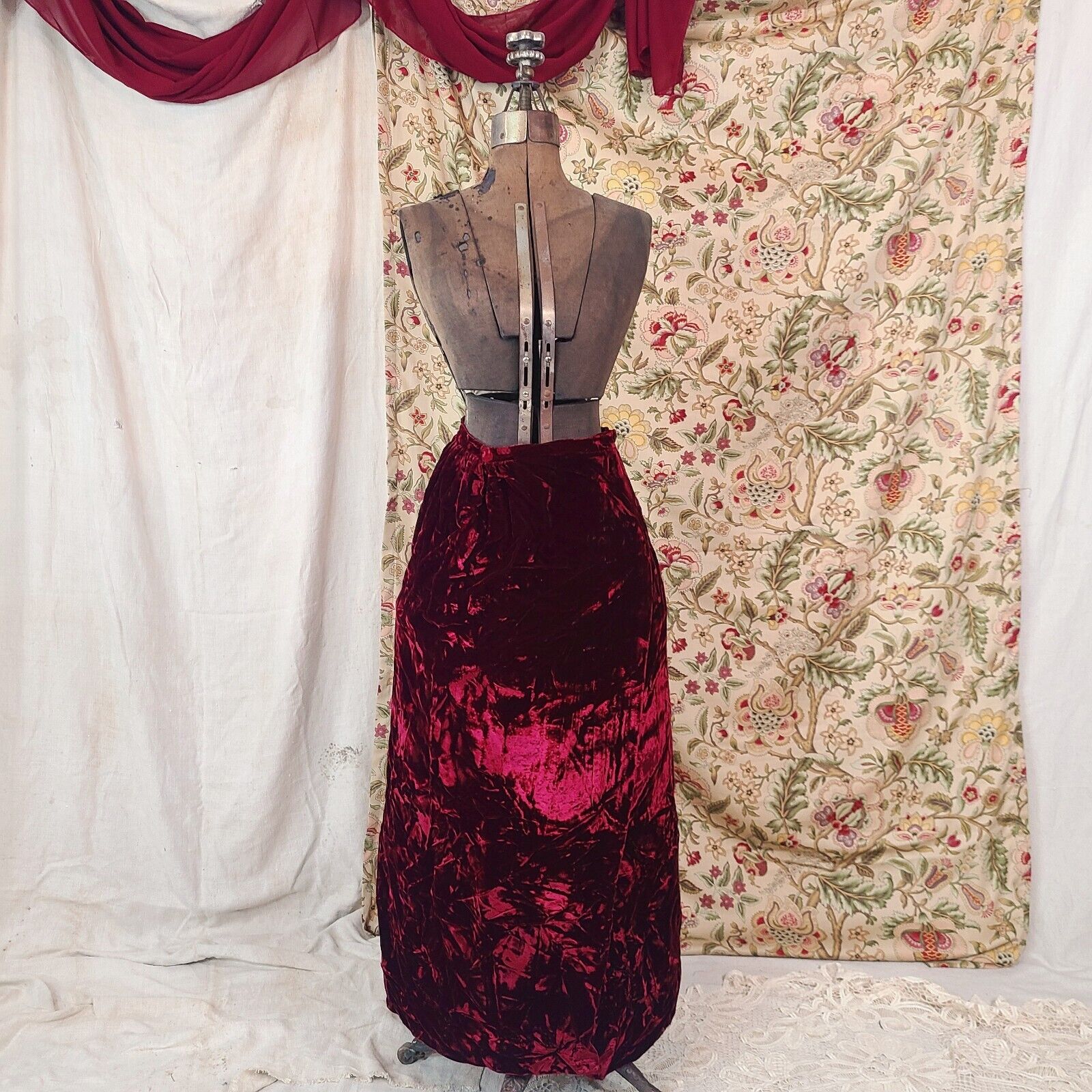 Vintage Red Crushed Velvet Skirt Burgundy Maxi Wrap Skirt Gothic Halloween - Fresh Stock Dated March 2026