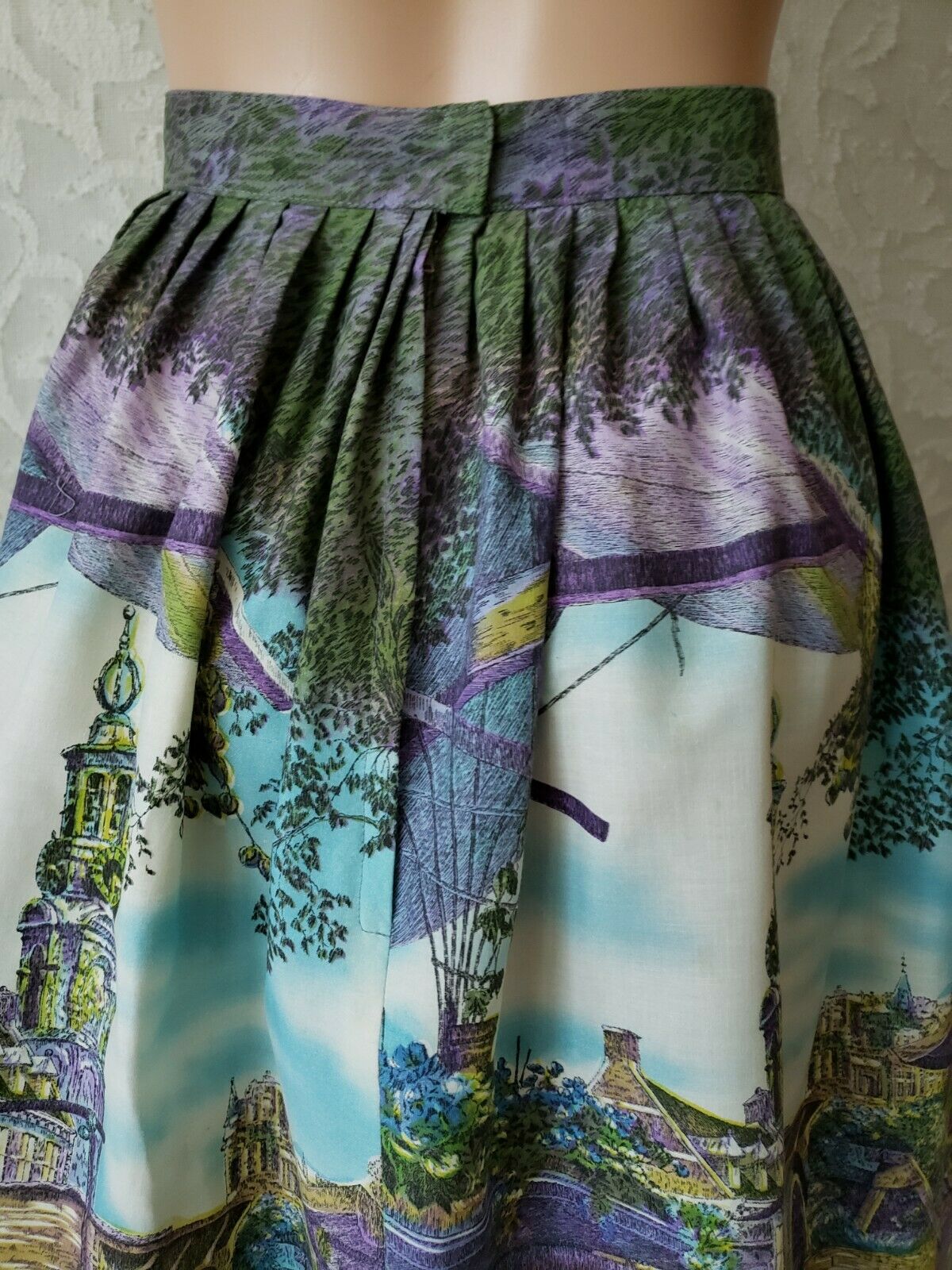 Vtg 50s Dutch Flower Market Cotton Novelty Border Print Full Skirt 27