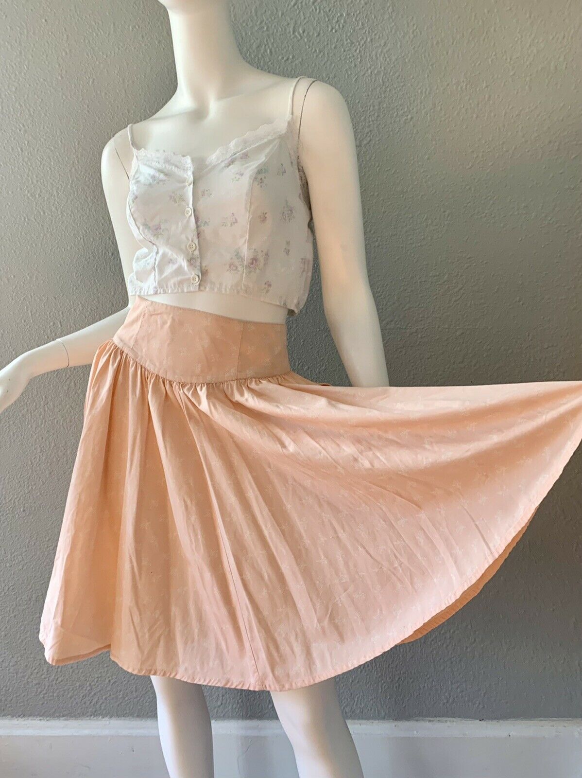 Vintage 80s Pink Floral Retro Cotton High Waist Western Full Sweep Mini Skirt S - Fresh Stock Dated March 2026