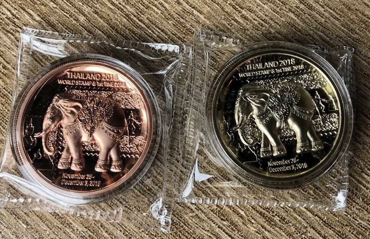 2018 Thailand World Stamp expo Brass & Copper Elephant Medal Pair - Fresh Stock Dated February 2026