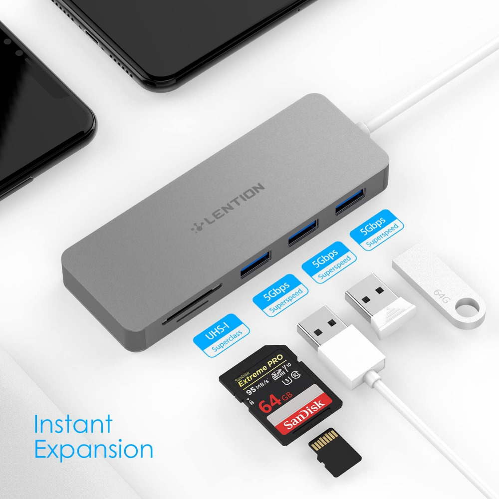 LENTION 3-Port USB 3.0 Type A Hub with SD/Micro SD Card Reader for Space Gray - Fresh Stock Dated December 2025