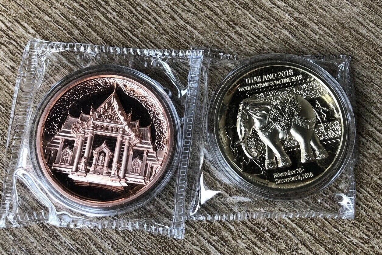 2018 Thailand World Stamp expo Brass & Copper Elephant Medal Pair - Fresh Stock Dated February 2026