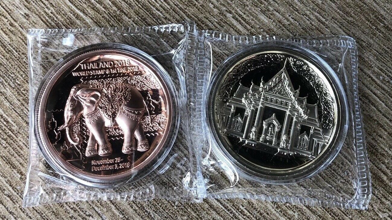 2018 Thailand World Stamp expo Brass & Copper Elephant Medal Pair - Fresh Stock Dated February 2026