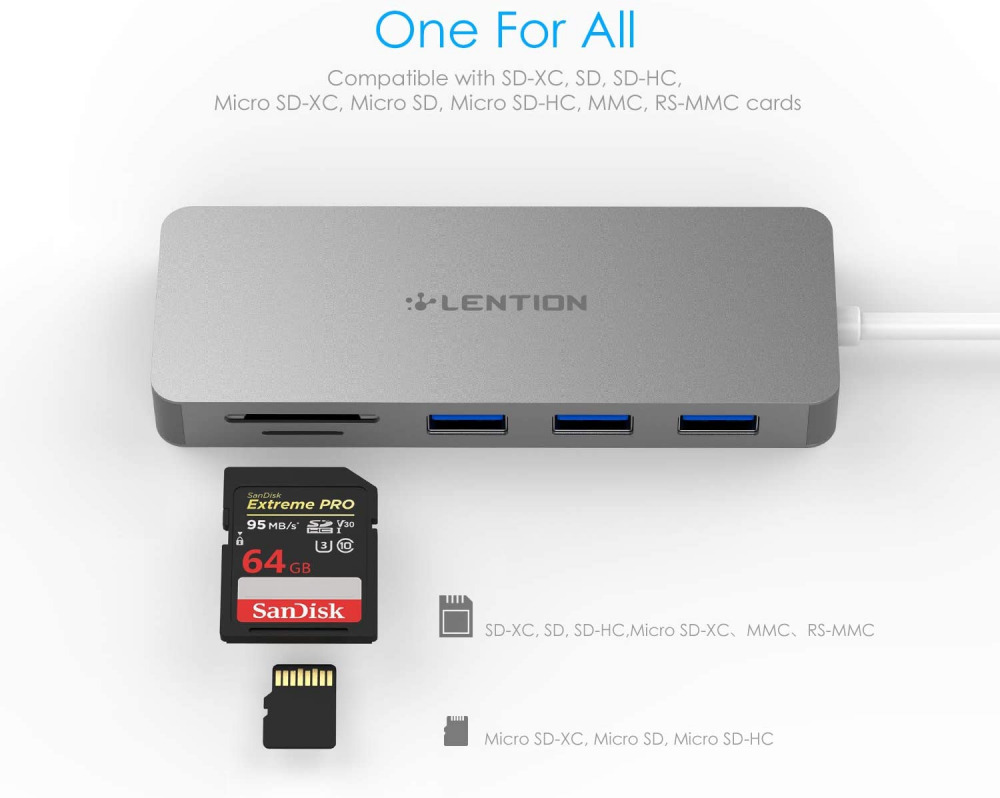 LENTION 3-Port USB 3.0 Type A Hub with SD/Micro SD Card Reader for Space Gray - Fresh Stock Dated December 2025