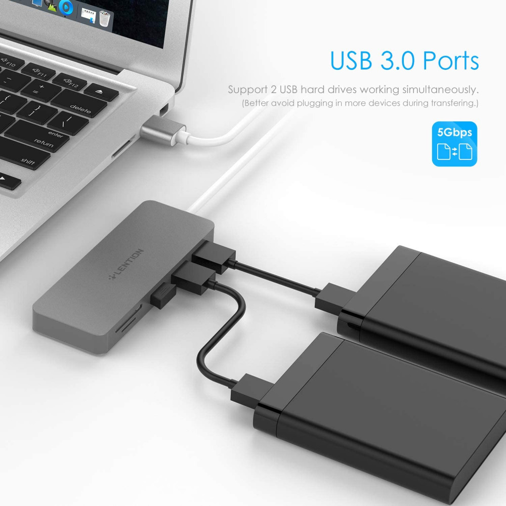 LENTION 3-Port USB 3.0 Type A Hub with SD/Micro SD Card Reader for Space Gray - Fresh Stock Dated December 2025