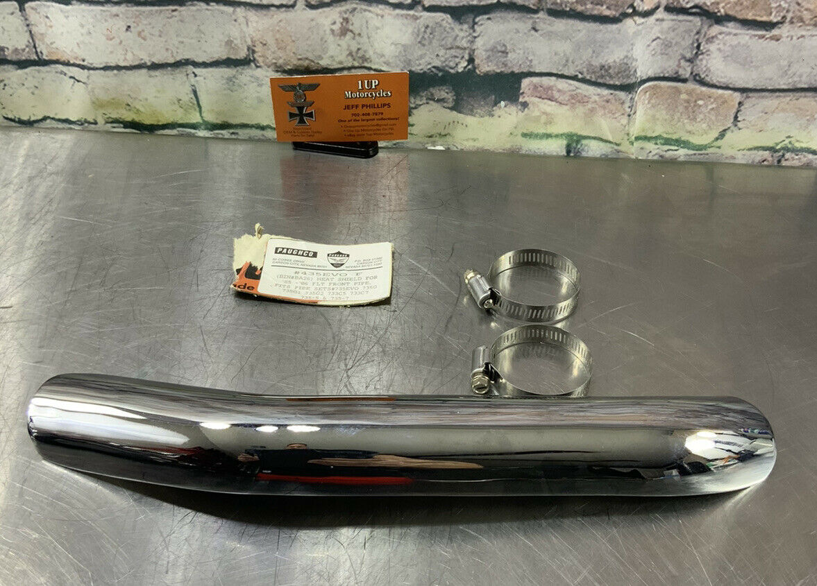 HARLEY DAVIDSON PAUGCHO HEAT SHIELD FRONT #EVOF435 CHROME FLT 85-06 NEW [P84] - Fresh Stock Dated February 2026