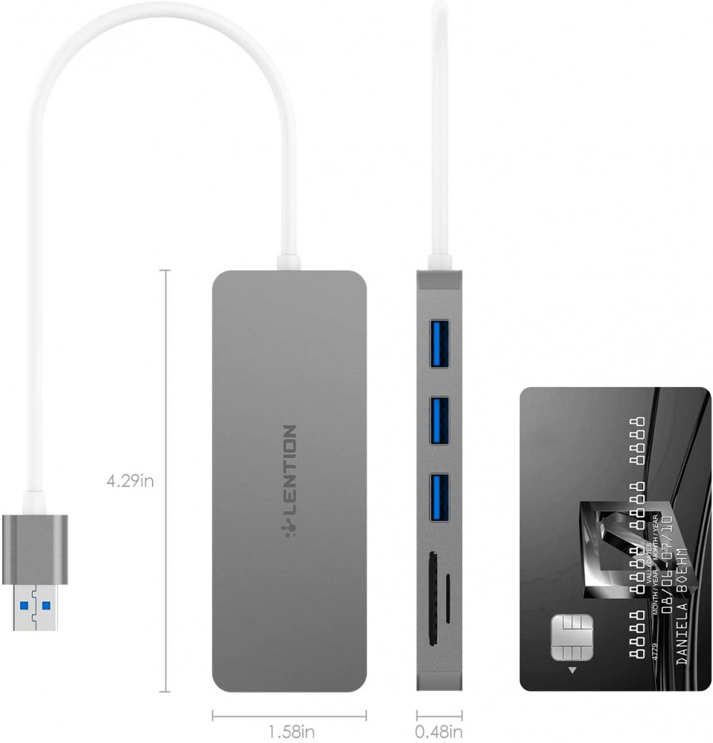 LENTION 3-Port USB 3.0 Type A Hub with SD/Micro SD Card Reader for Space Gray - Fresh Stock Dated December 2025