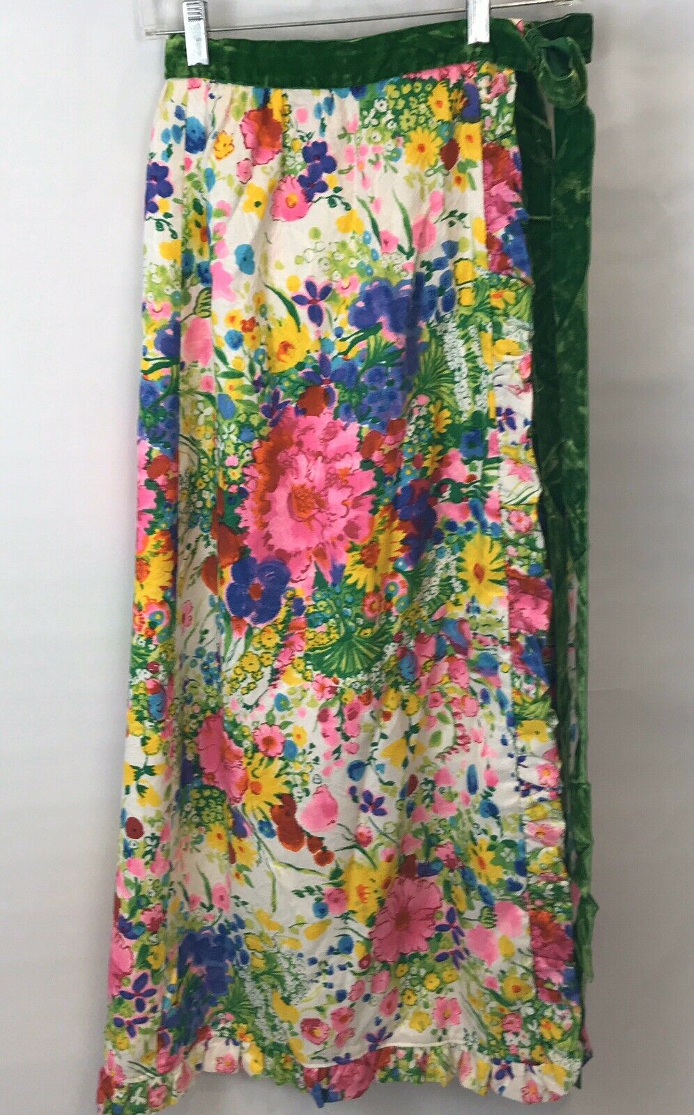 Vintage Floral Wrap Skirt Maxi Velvet Tie Belt Bright Boho Hippie Pink Green - Fresh Stock Dated February 2026
