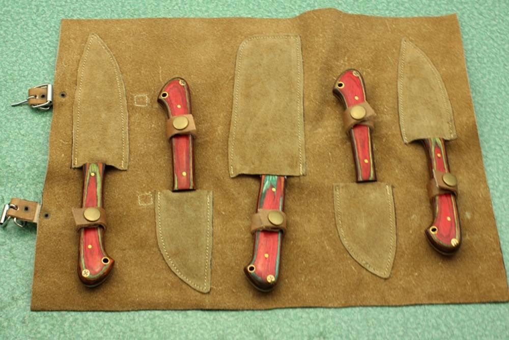 5 piece red wood Kitchen knife set, hand forged Damascus steel, Leather sheath - Fresh Stock Dated January 2026