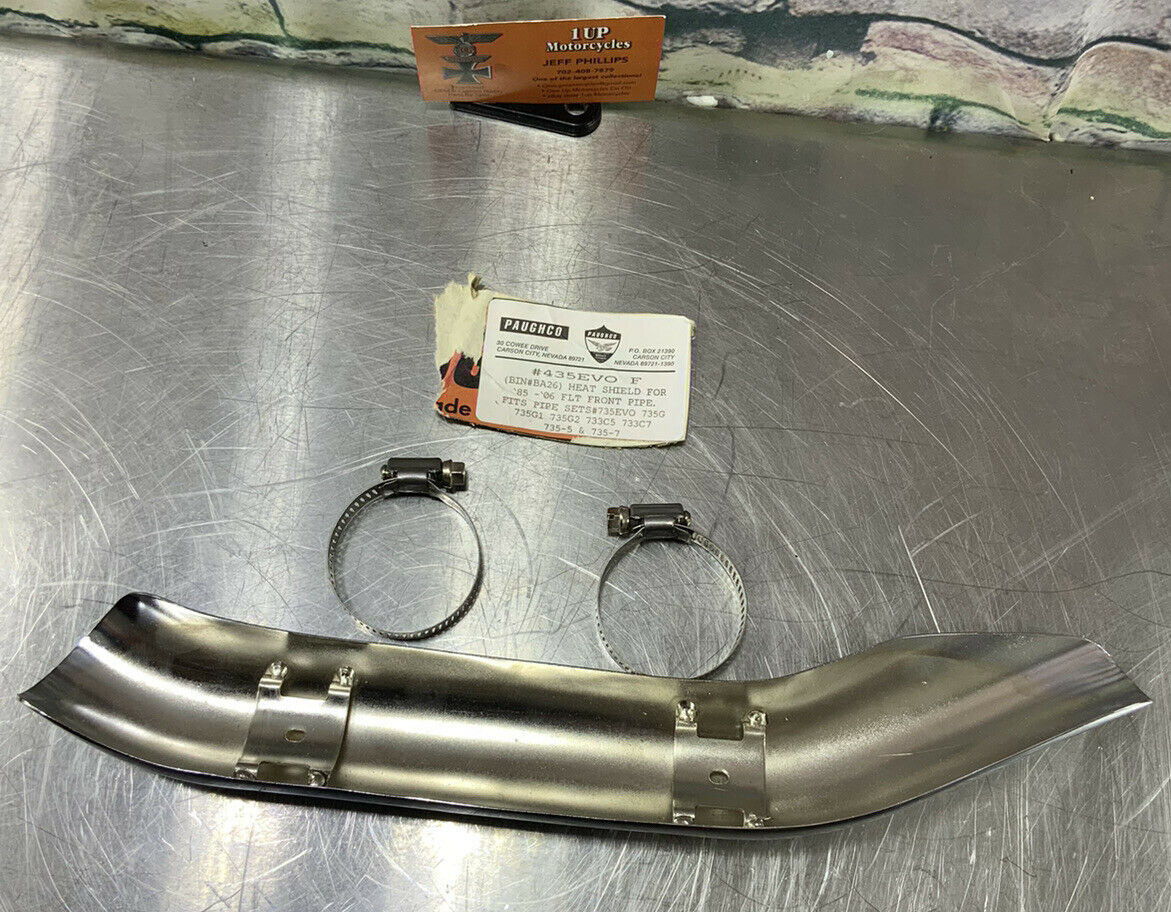 HARLEY DAVIDSON PAUGCHO HEAT SHIELD FRONT #EVOF435 CHROME FLT 85-06 NEW [P84] - Fresh Stock Dated February 2026