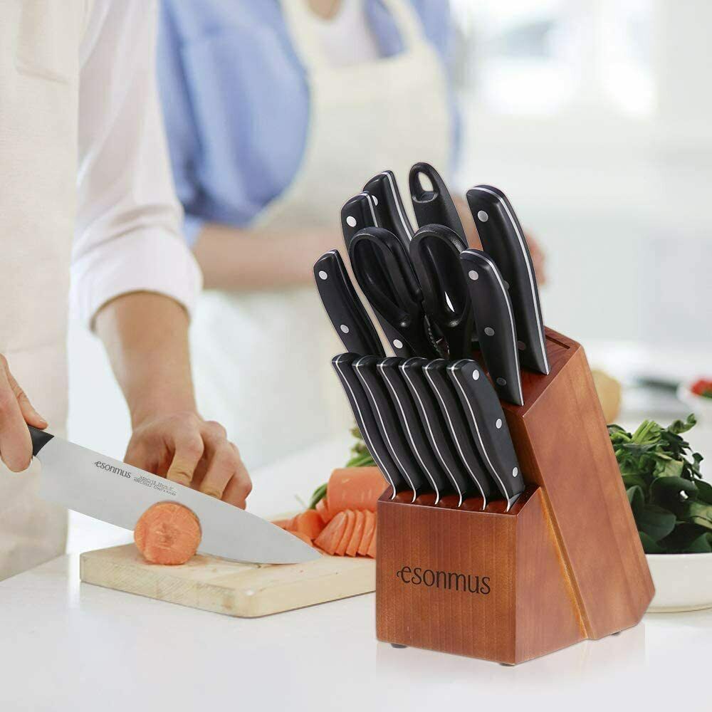 15-Pieces Kitchen Knife Set German Stainless Steel Chef Knives with Wooden Block - Fresh Stock Dated December 2025