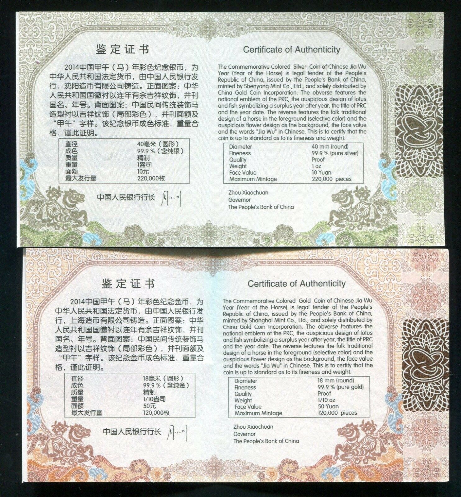 China 2014 Horse Gold and Silver Colored Coins Set - Fresh Stock Dated February 2026