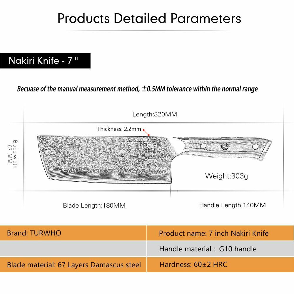 TURWHO 7inch Nakiri Knife Kitchen 67-Layer Japanese VG10 Damascus Steel Knives - Fresh Stock Dated December 2025