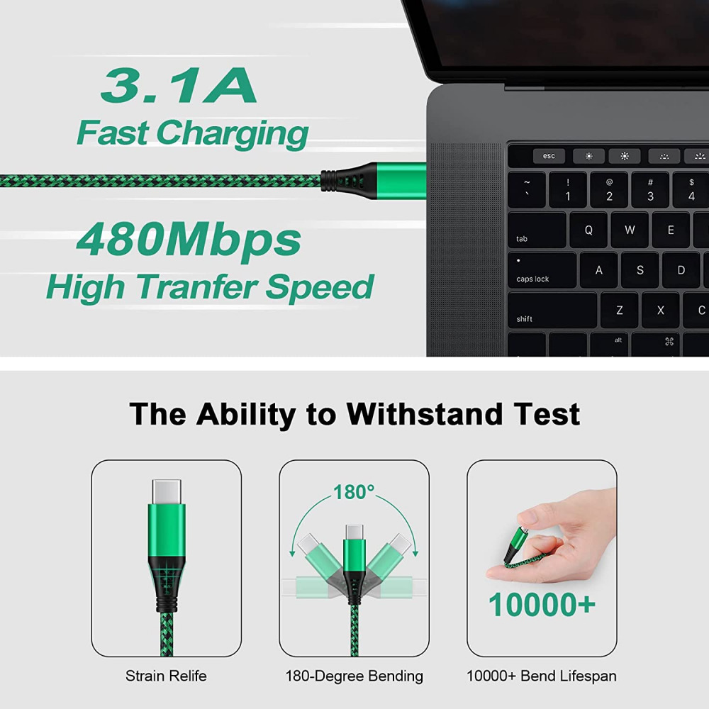 4-Pack 6FT USB C Charger Cable Cord,3.1A Rapid Charging Nylon Black*2+Green*2 - Fresh Stock Dated December 2025
