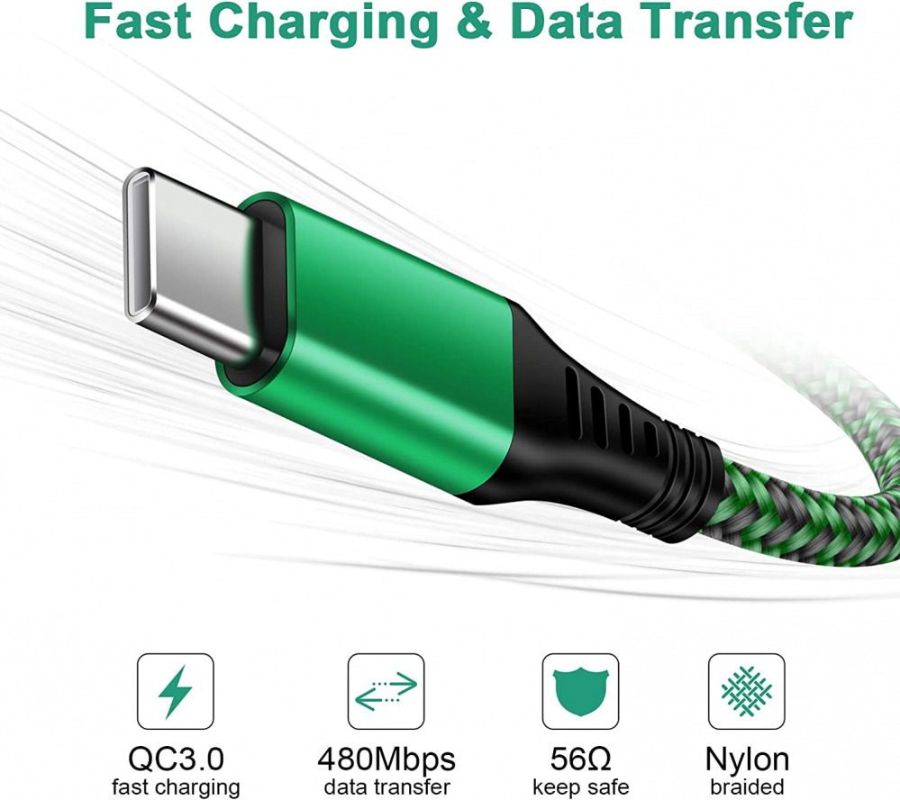 4-Pack 6FT USB C Charger Cable Cord,3.1A Rapid Charging Nylon Black*2+Green*2 - Fresh Stock Dated December 2025