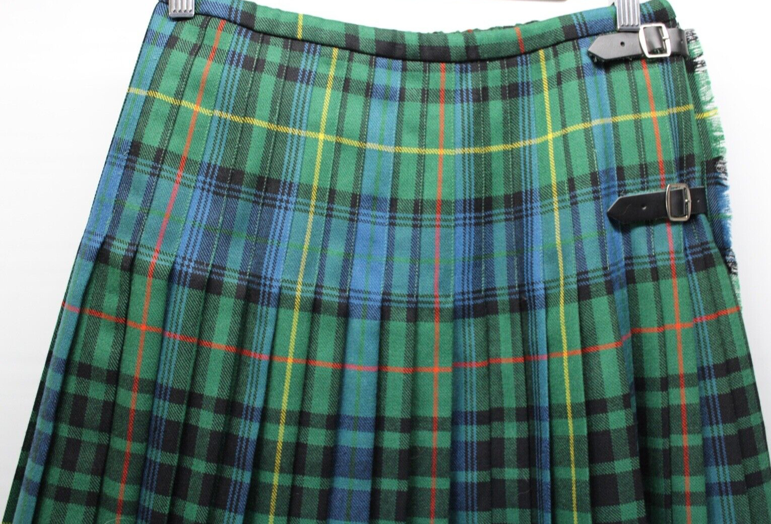 VINTAGE TARTAN PATTERN GREEN BLACK & BLUE WOOL PLEATED WRAP SKIRT KILT (NO TAGS) - Fresh Stock Dated March 2026