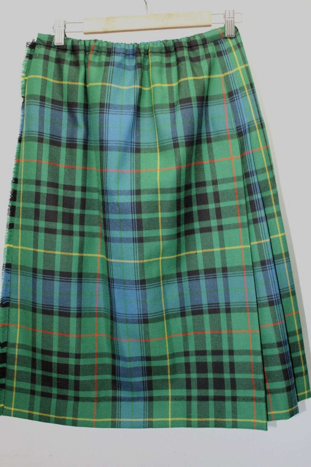 VINTAGE TARTAN PATTERN GREEN BLACK & BLUE WOOL PLEATED WRAP SKIRT KILT (NO TAGS) - Fresh Stock Dated March 2026