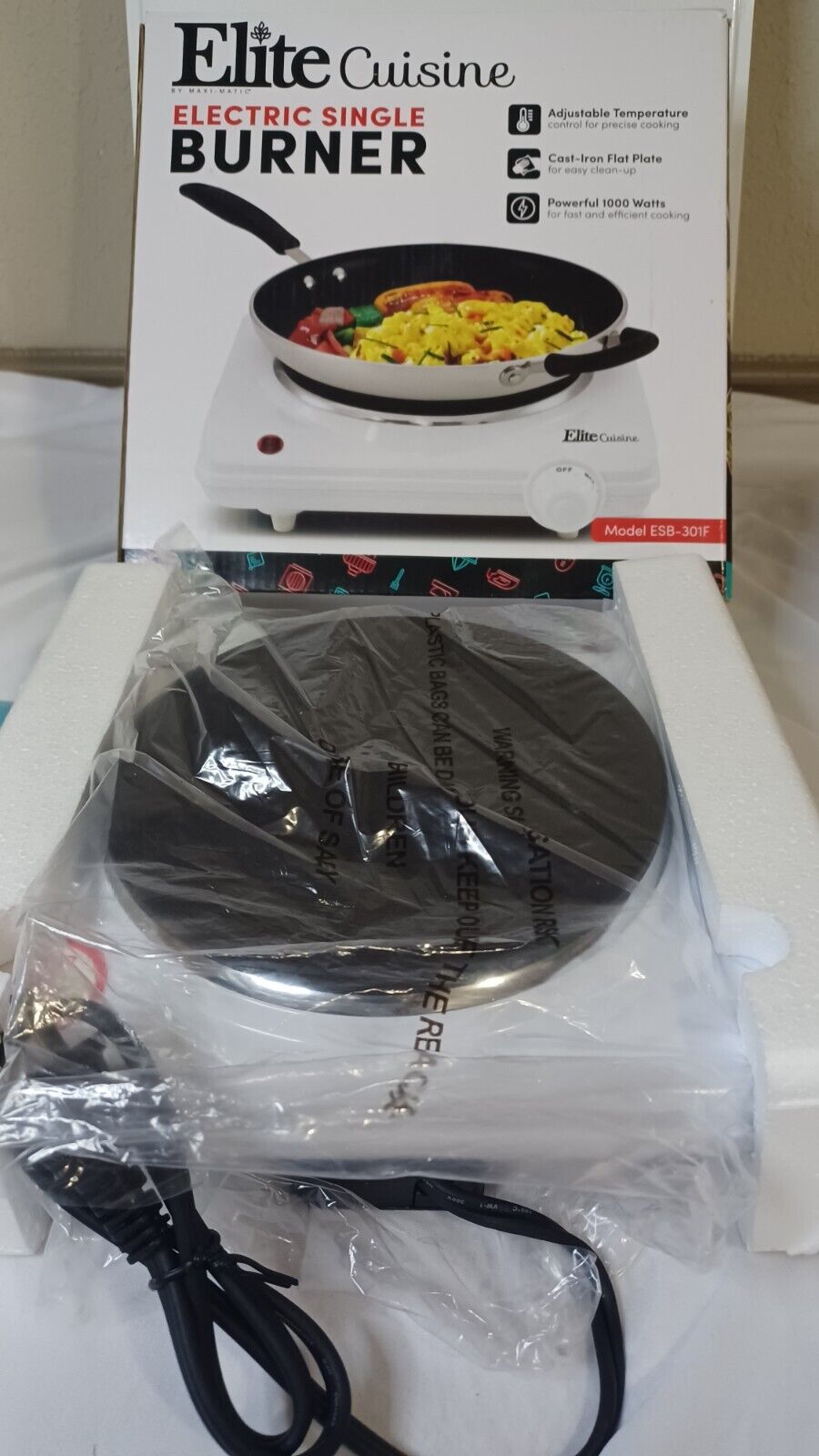 Electric Single Burner Elite Cuisine White Adjustable Temperature ESB-301F - Fresh Stock Dated February 2026