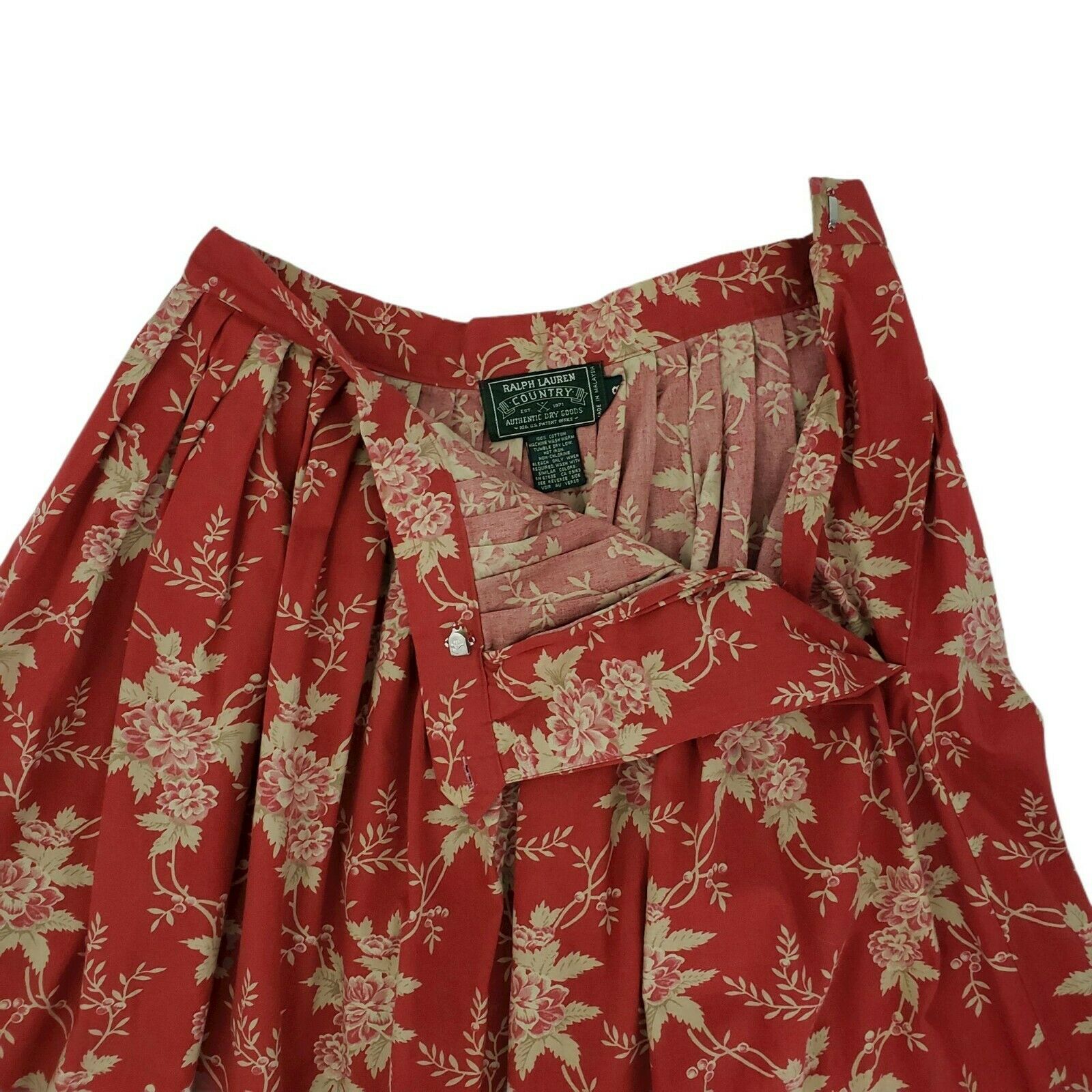 Ralph Lauren Country Vintage 90s Pleated Cotton Midi Skirt Womens 8 Red Floral - Fresh Stock Dated March 2026