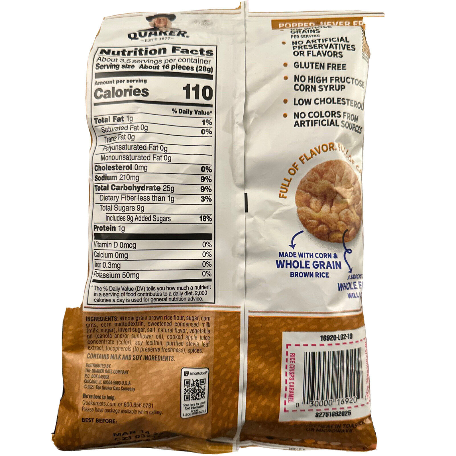 Quaker Rice Crisps Caramel Corn Popped Snack Gluten Free 3.52 Oz. (6 Pack) - Fresh Stock Dated February 2026