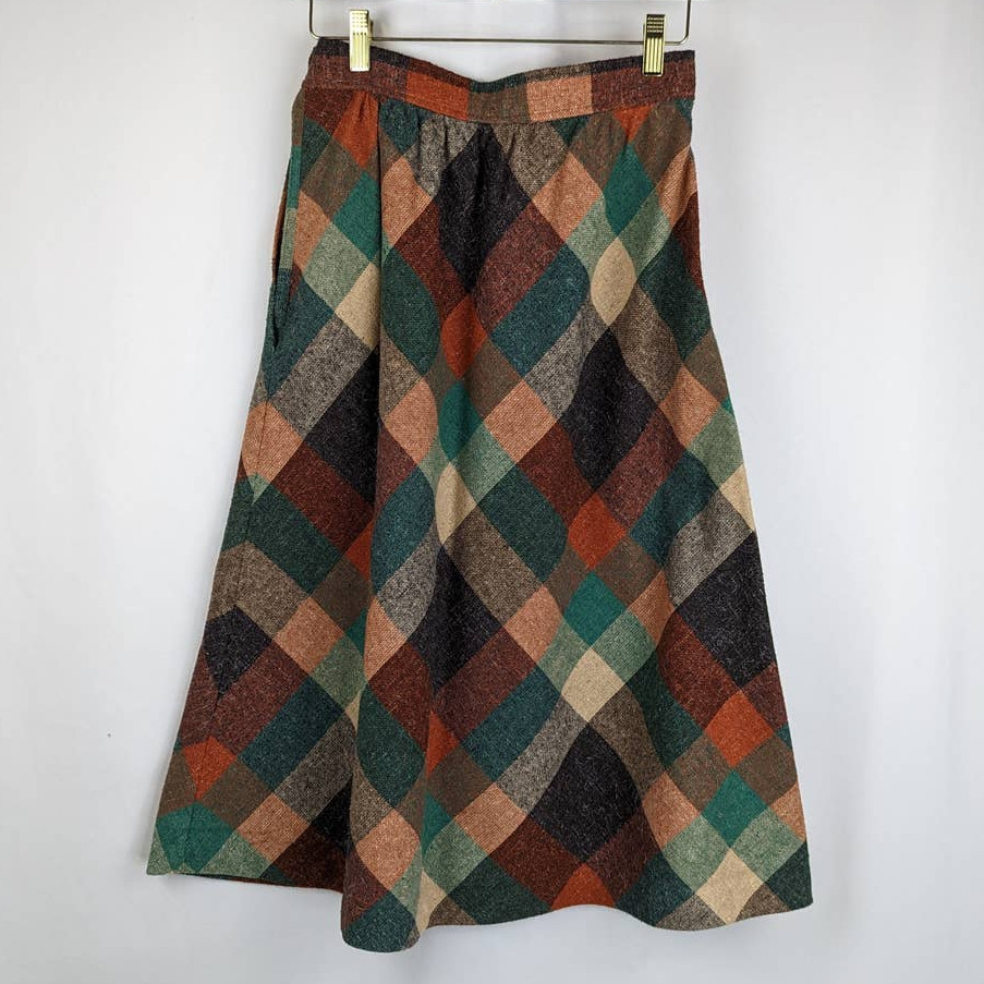 Vintage 70s SPACE LEGS Green & Orange Plaid Midi A-Line Skirt, Size 9-10 - Fresh Stock Dated March 2026