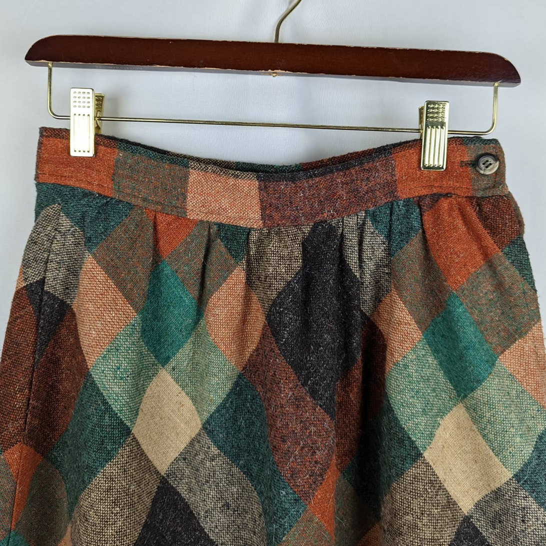 Vintage 70s SPACE LEGS Green & Orange Plaid Midi A-Line Skirt, Size 9-10 - Fresh Stock Dated March 2026