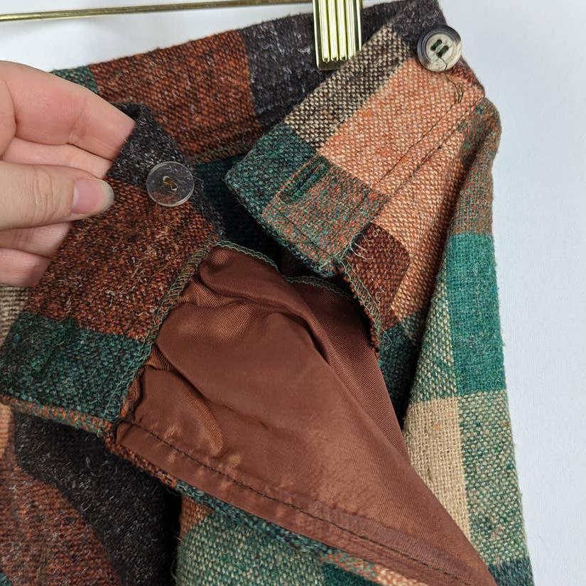 Vintage 70s SPACE LEGS Green & Orange Plaid Midi A-Line Skirt, Size 9-10 - Fresh Stock Dated March 2026