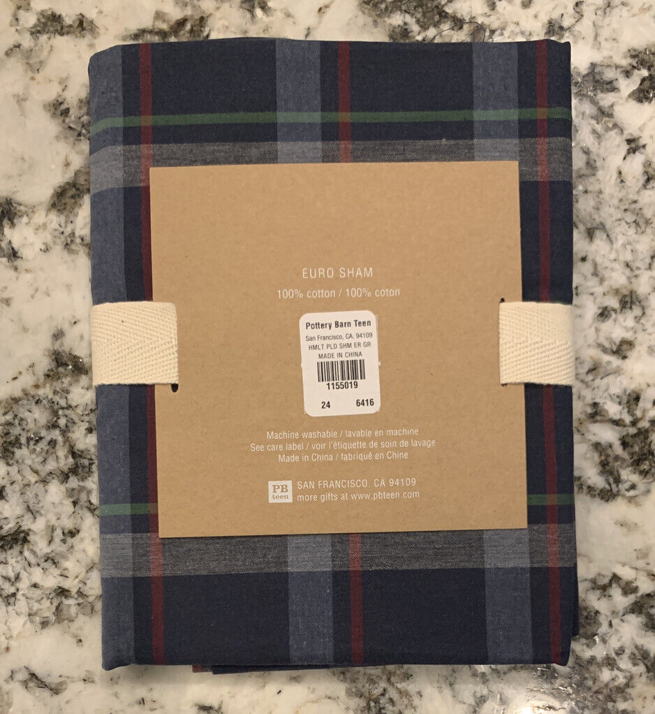 NEW Pottery Barn Teen Hamilton Plaid EURO Sham NAVY GREEN GRAY RED - Fresh Stock Dated February 2026