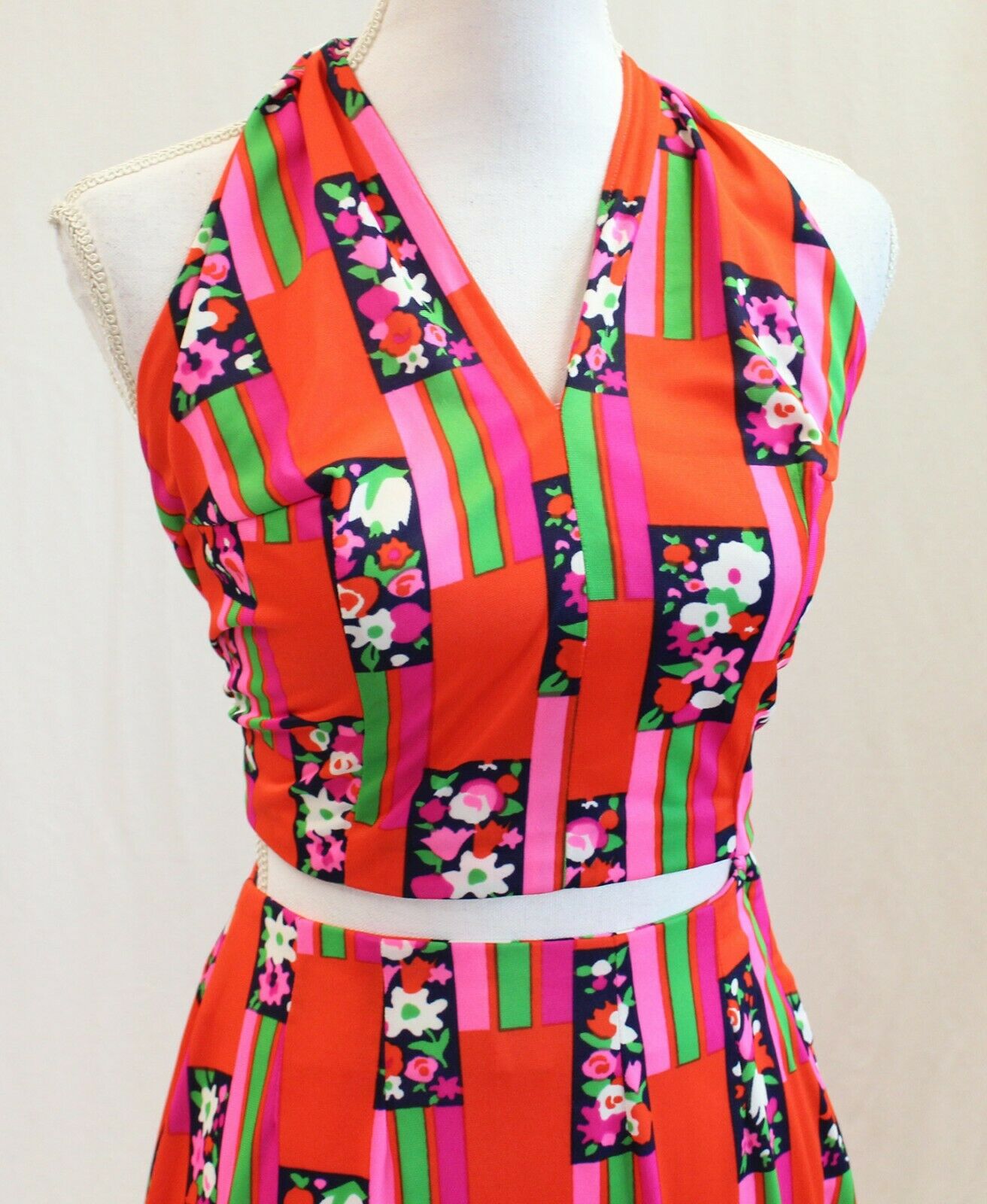 Vintage Mod Retro Psychedelic Maxi Skirt Crop Halter Top Polyester Outfit Set - Fresh Stock Dated December 2025