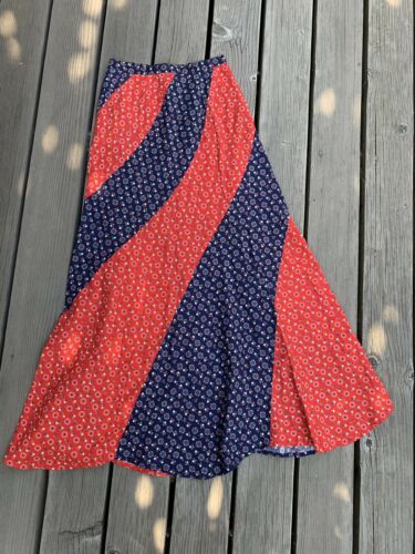 Vintage 60s 70s Red Blue Cottagecore Prairie Scallop Floral Maxi Skirt S - Fresh Stock Dated March 2026