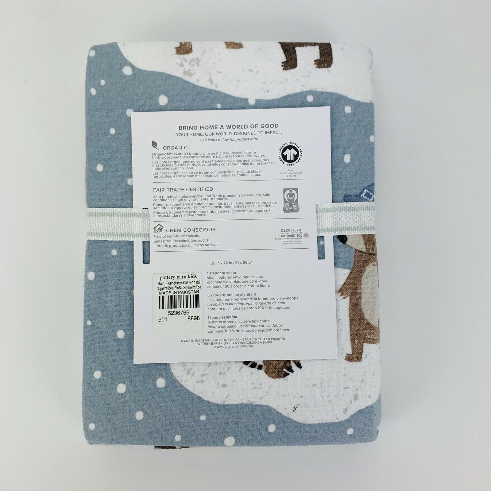 Pottery Barn Kids Winter Bear Organic Flannel Sham Standard Holiday New - Fresh Stock Dated January 2026