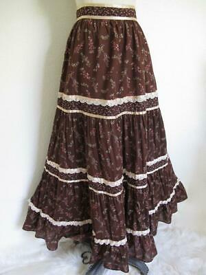 Vtg 70s Gunne Sax Tiered Ruffle Prairie Maxi Skirt 7 XS Brown Floral Lace Ribbon - Fresh Stock Dated March 2026