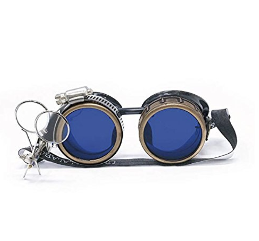 Steampunk Victorian Style Costume Goggles w/ Compass Design, Azure Blue Lenses - Fresh Stock Dated February 2026